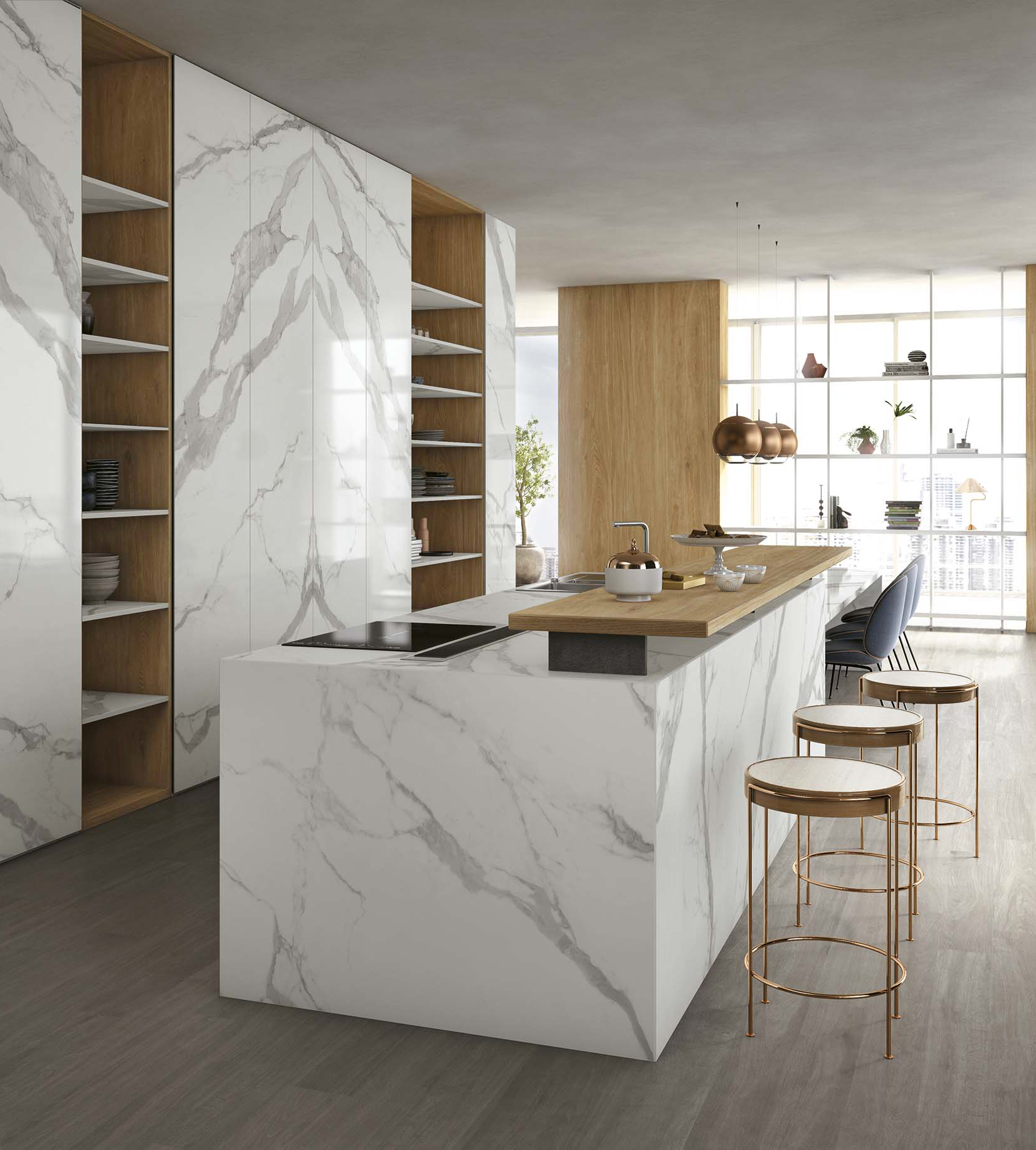 cucina effetto marmo bianco