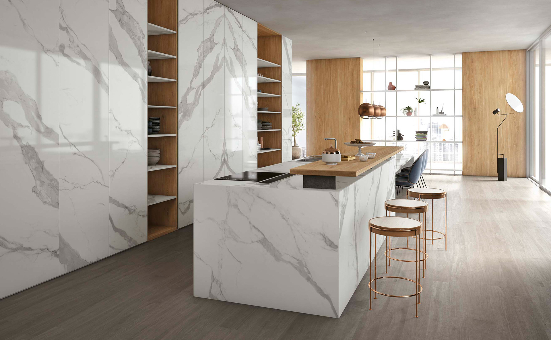 top bianco lucido effetto marmo in cucina