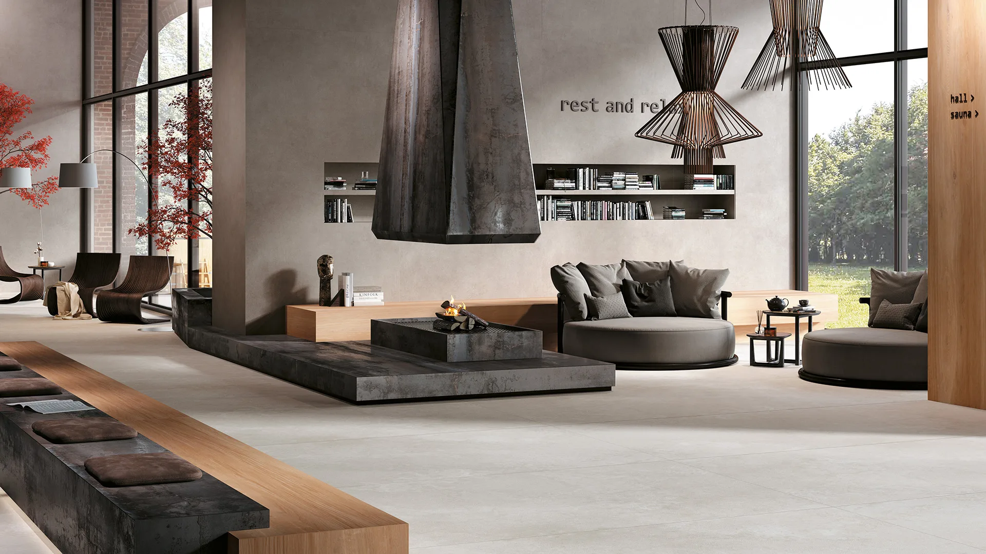 Top cucina e rivestimenti Infinity in grès porcellanato effetto cemento, design continuo e resistente