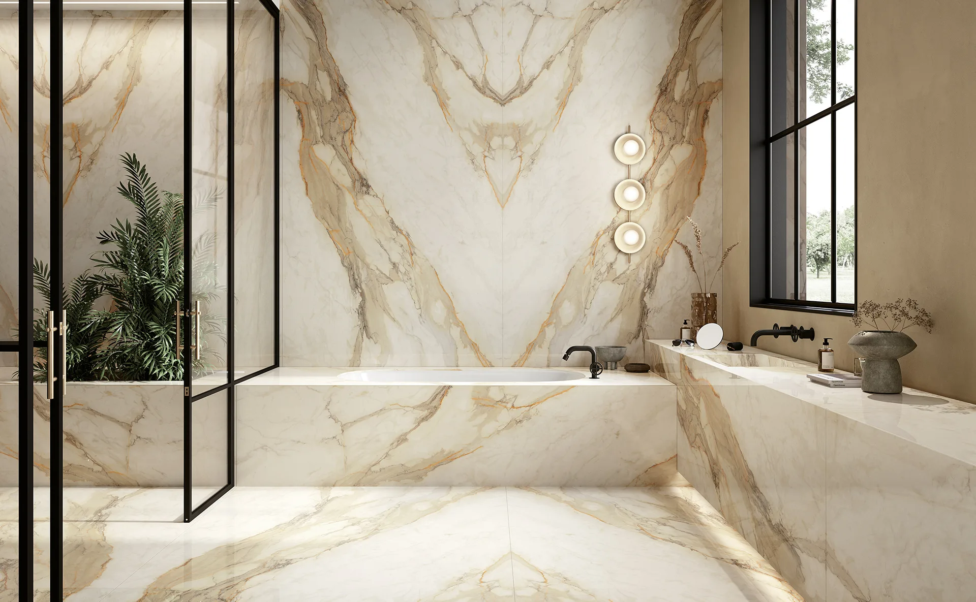 Bagno piccolo moderno rivestito con lastre Infinity Surfaces a tutta altezza per eliminare le fughe e ampliare lo spazio visivo.