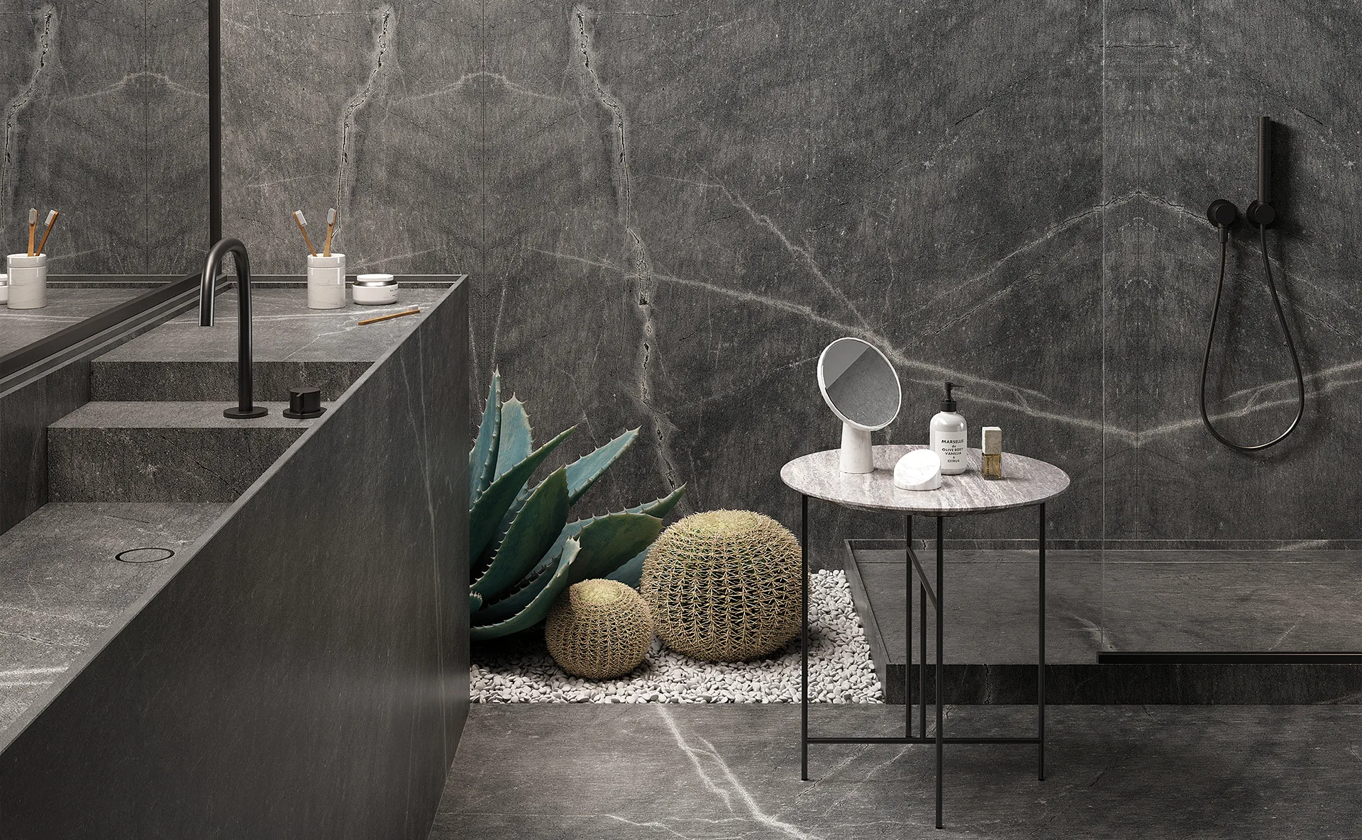 Lavabo integrato su misura realizzato con lastre Infinity Surfaces effetto pietra, coordinato con il rivestimento parete.