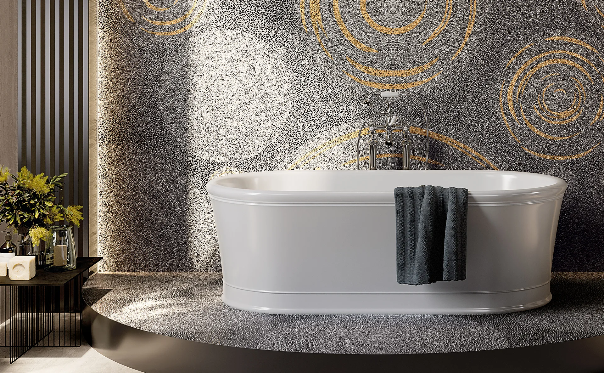 Rivestimento bagno artistico Infinity Surfaces con motivo a mosaico circolare nei toni grigio e oro, ideale come parete d'accento (feature wall) per creare profondità visiva in bagni di piccole dimensioni senza restringere lo spazio