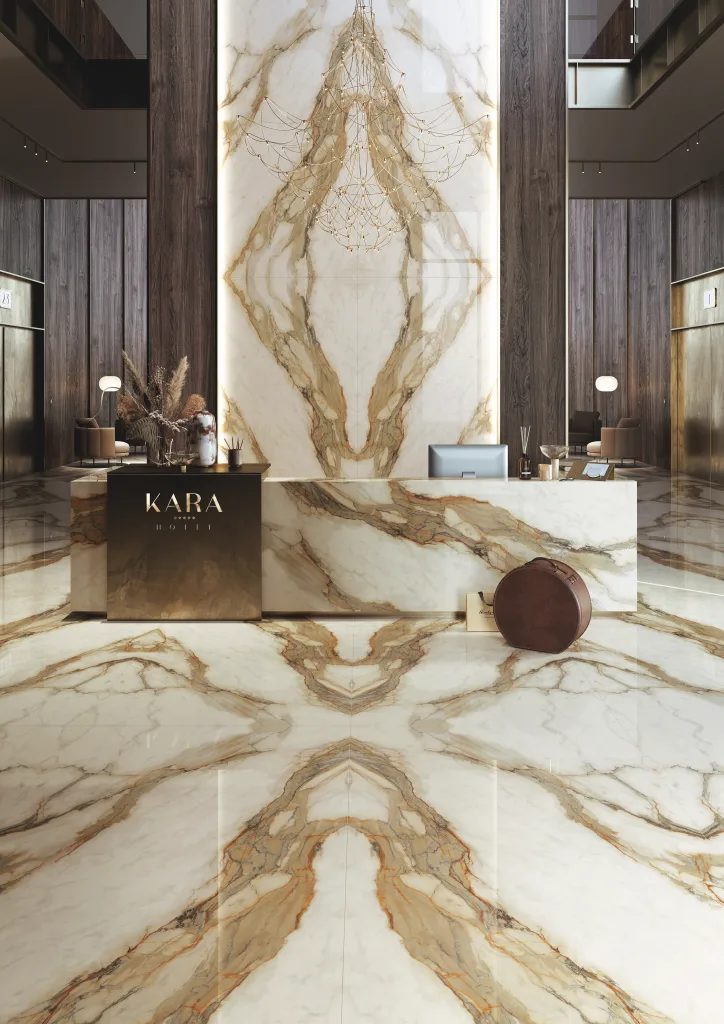 Infinity Calacatta Hermitage porcelain slabs in a premium hotel interior