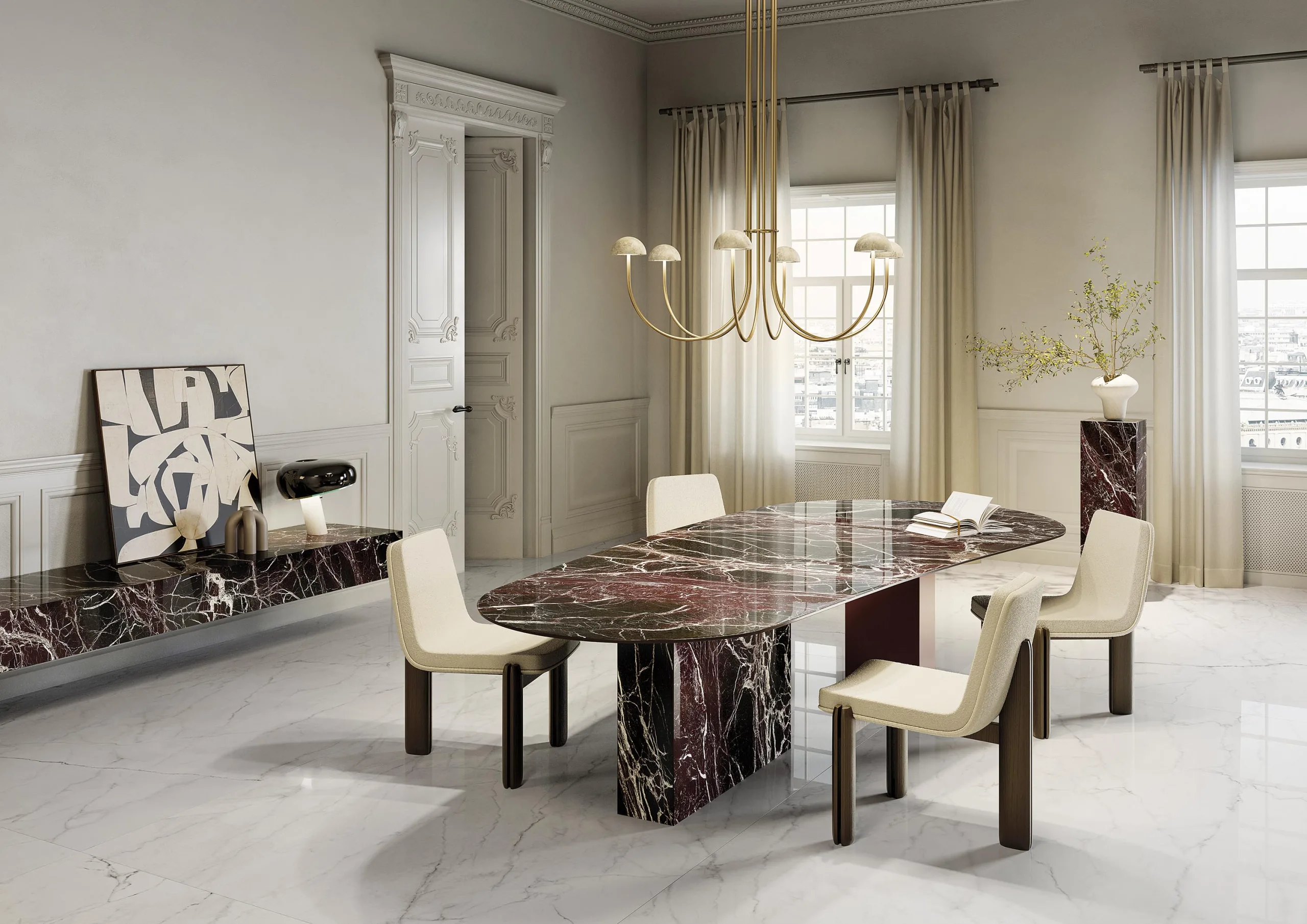 Book-matched Infinity marble-effect Italian porcelain slabs with mirrored veining on table and wall