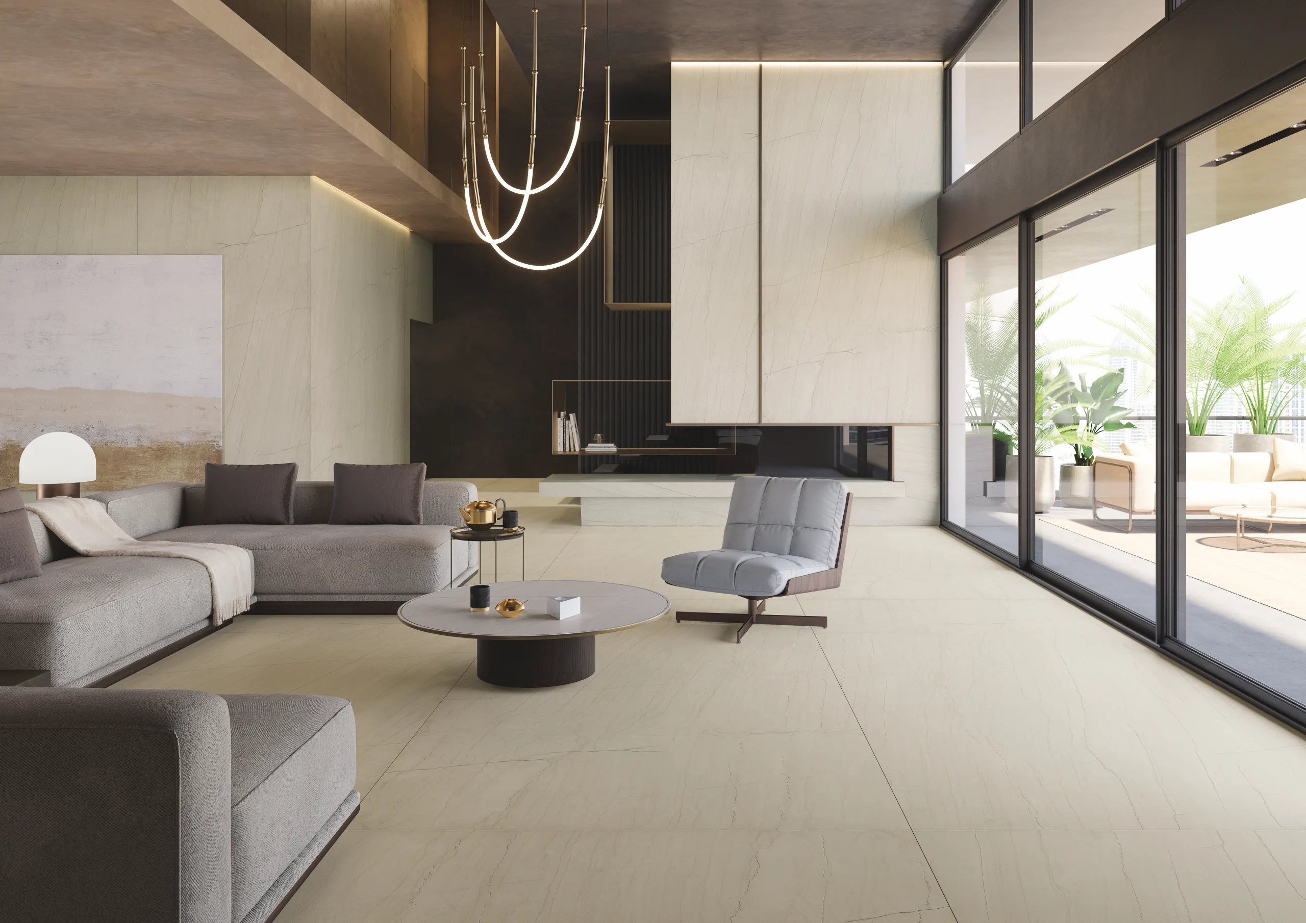 Living area with veined Infinity porcelain slab surfaces in a warm tonal space
