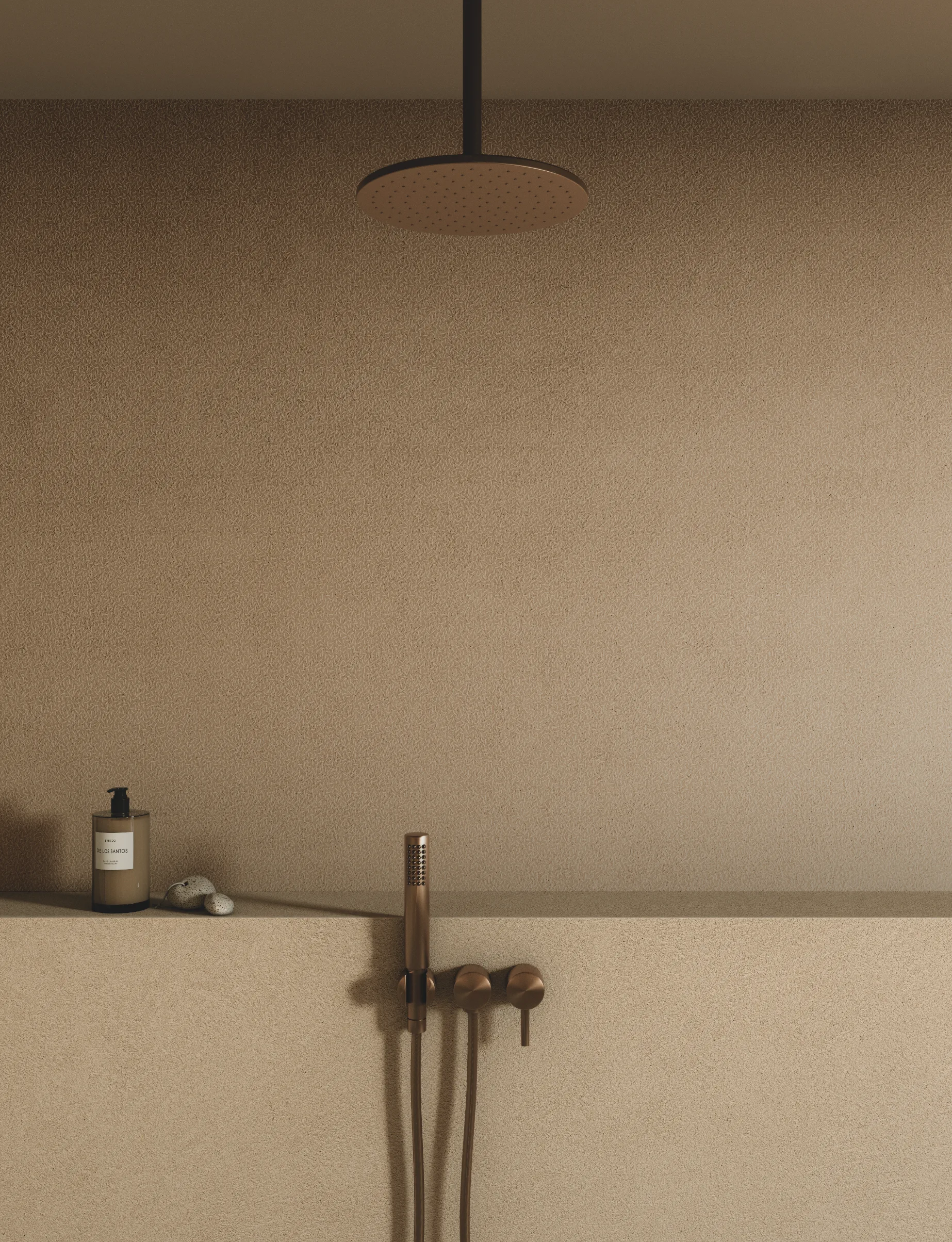 Bathroom with Infinity Arkèon Plaster Ground porcelain slabs in the tactile Cut texture
