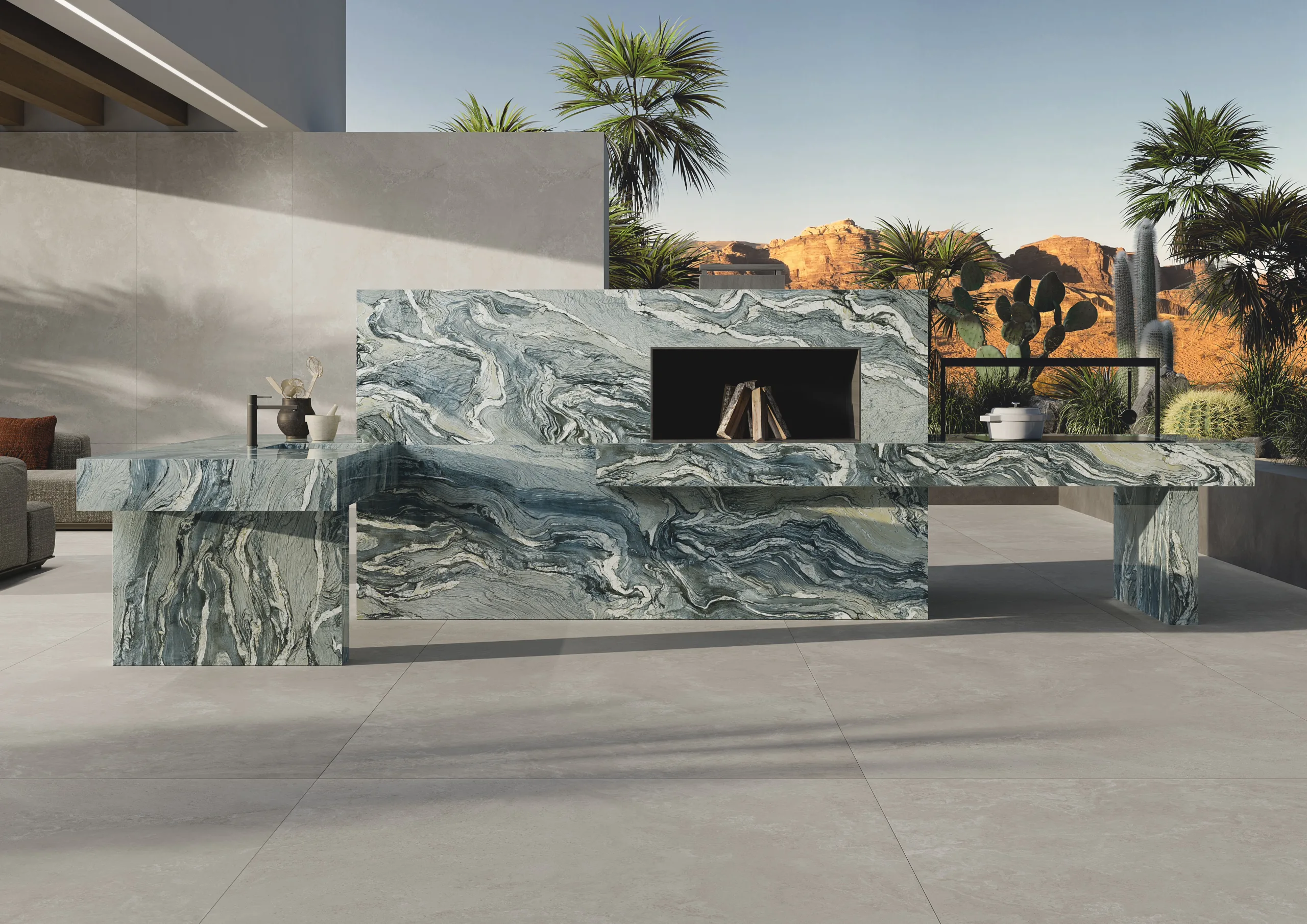 Designed outdoor summer kitchen with a large-format Infinity porcelain island