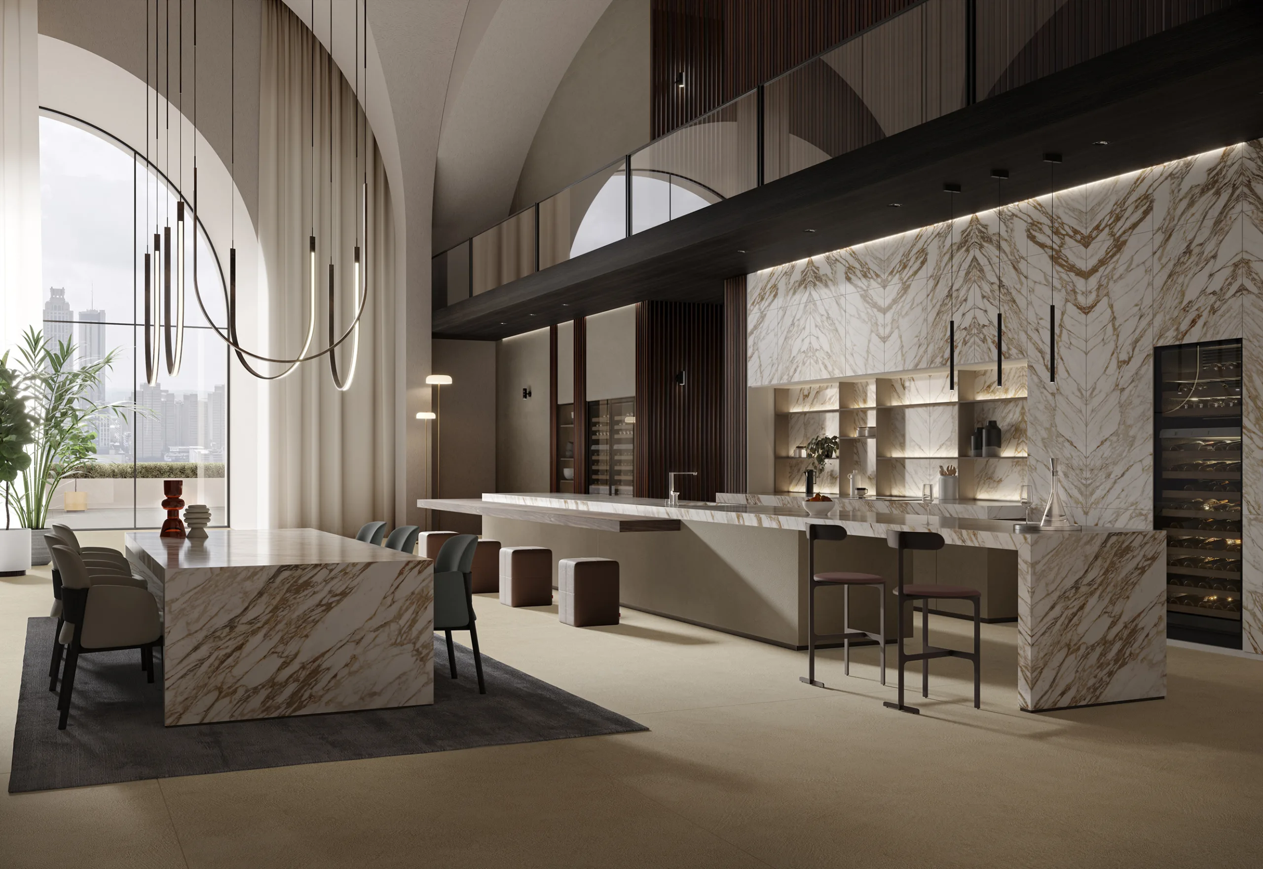 Premium kitchen with Infinity Arabescato Diva Italian porcelain slabs and Plaster surfaces