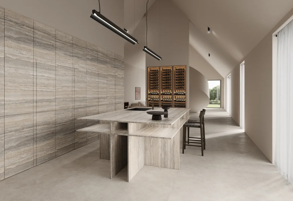 Kitchen with Infinity Travertino Trilogy travertine-effect porcelain surfaces in a warm neutral palette