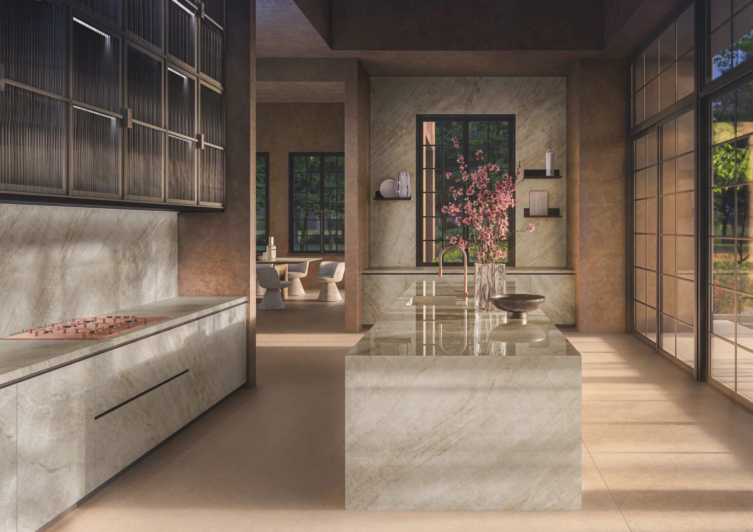 Open-plan kitchen with warm neutral Infinity porcelain slab island and coordinated surfaces
