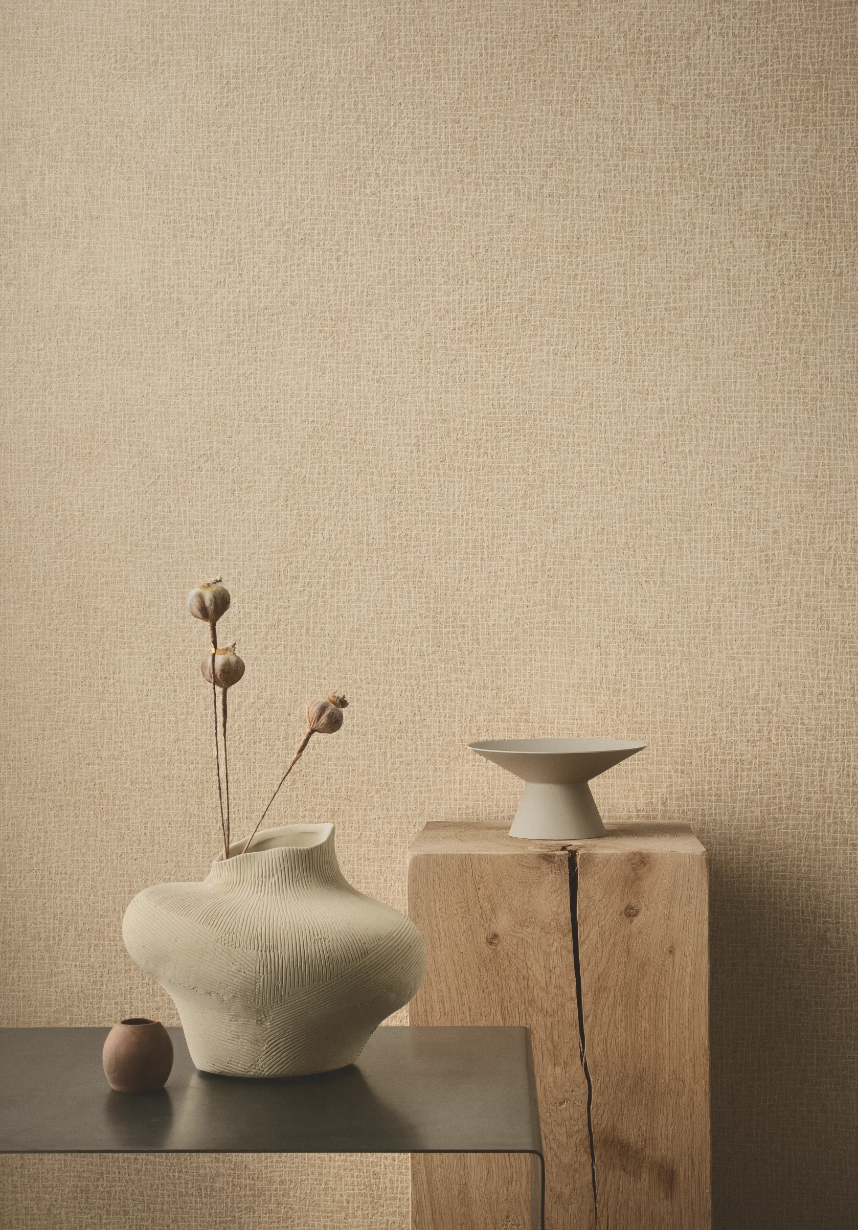 Drape texture on Infinity Arkèon Plaster Sand porcelain surface with textile imprint