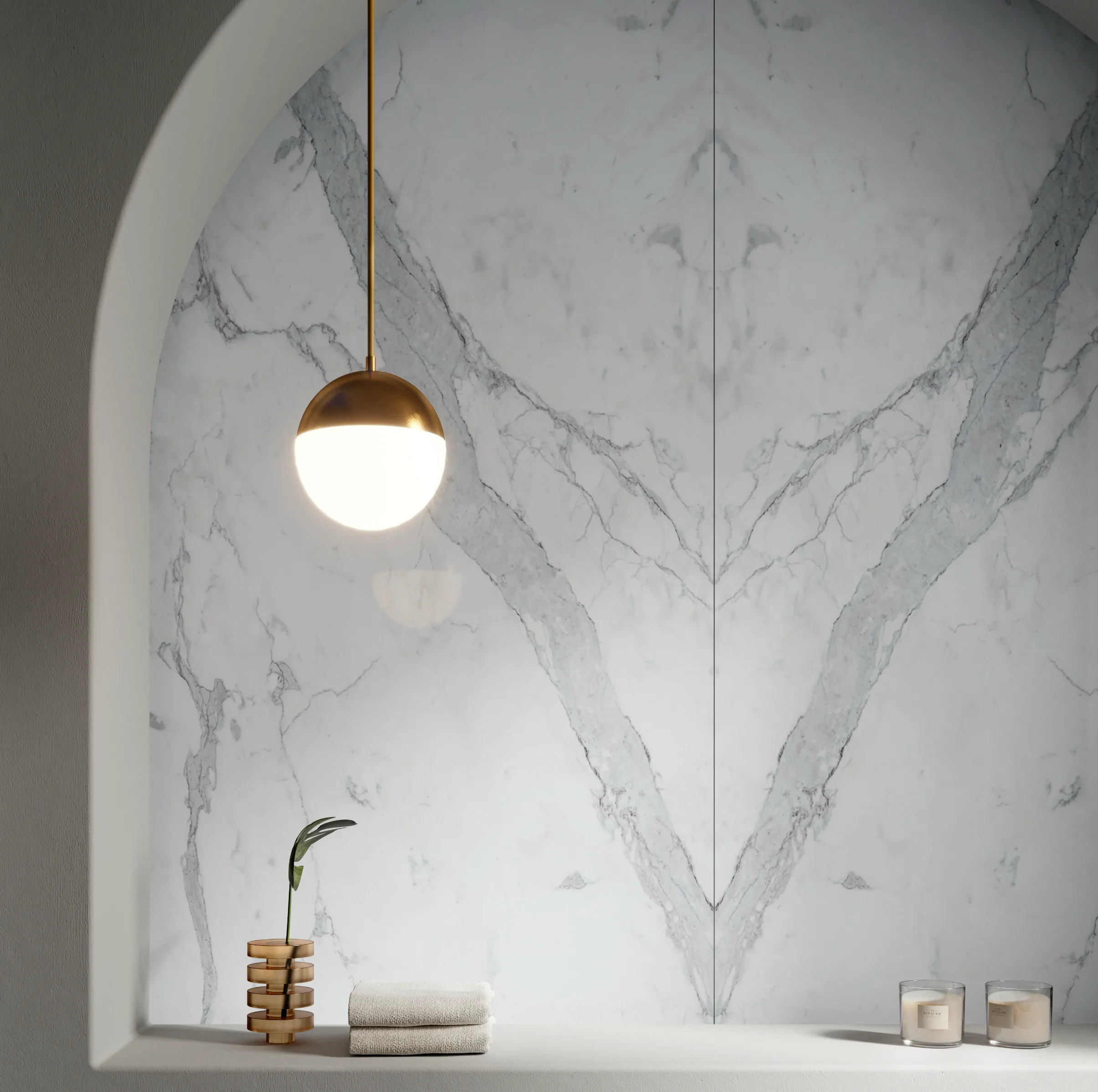 Monolithic bathroom with Infinity marble-effect Italian porcelain slabs floor to wall