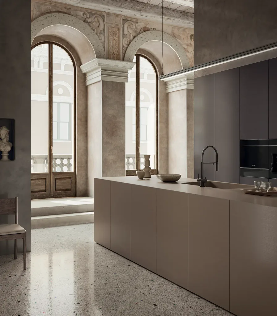 ARKÈON Nacra Bronze Infinity porcelain slab kitchen island in Shantung finish with metal effect