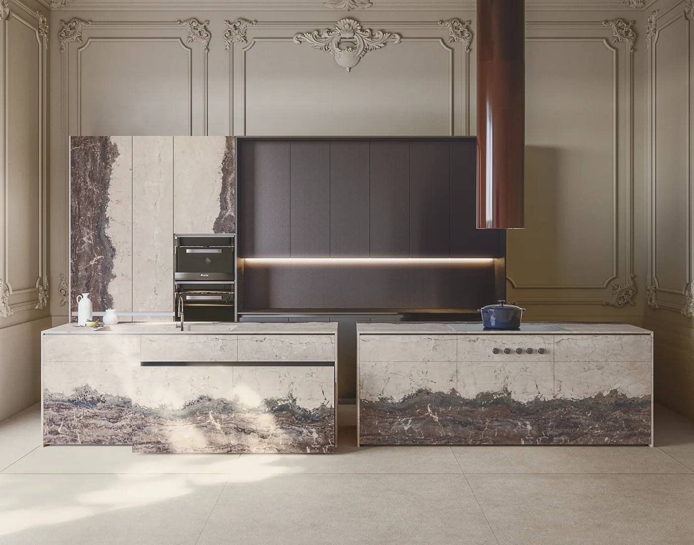 Breccia Laurentina Infinity porcelain slab on a kitchen island and full-height wall cladding with continuous veining