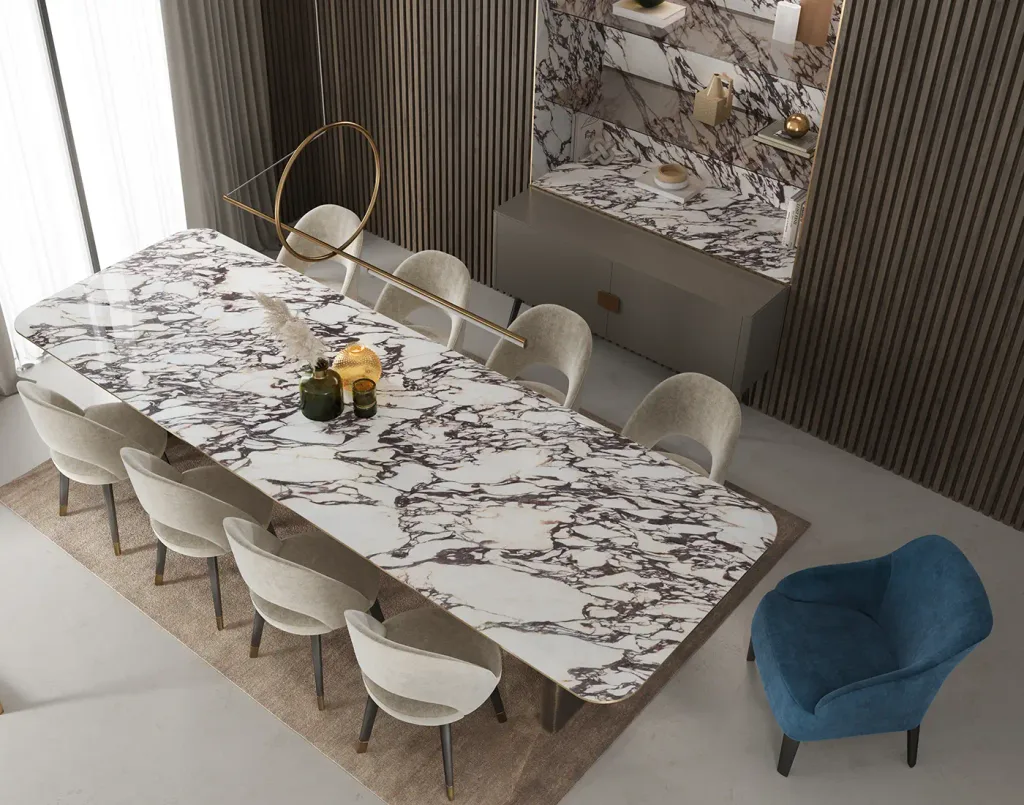 Calacatta Viola Infinity porcelain slab dining table with deep purple veining on a white ground