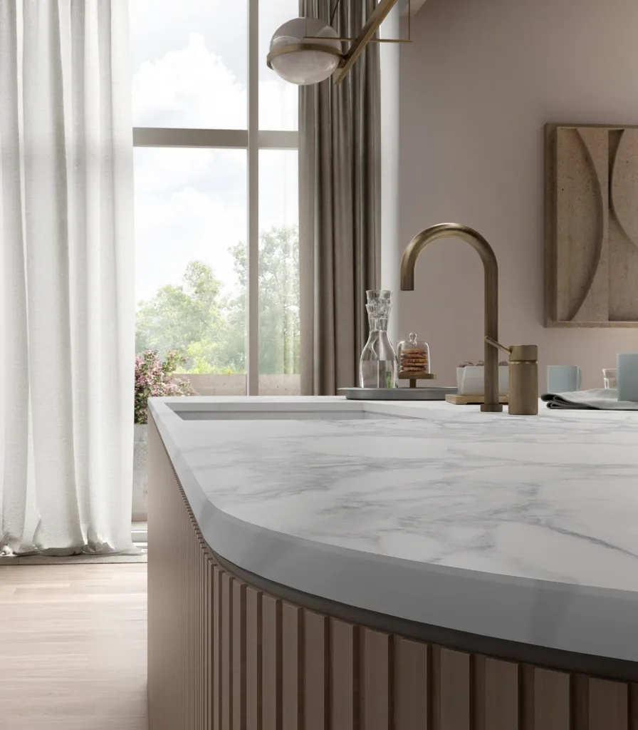 Shaped edge detail of an Infinity porcelain slab countertop showing the thickness of the material
