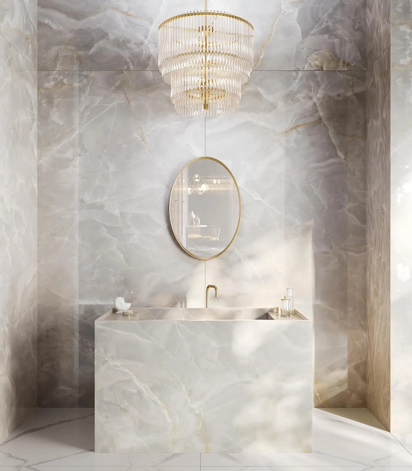 Infinity onyx-effect porcelain slab on bathroom walls and monolithic vanity